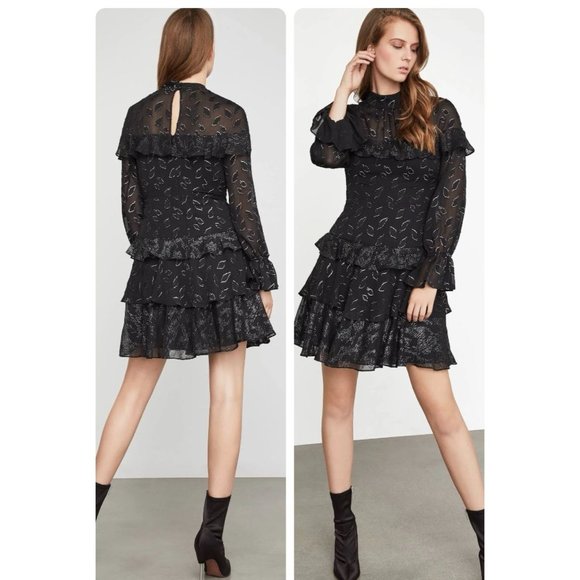 BCBGMaxAzria Dresses & Skirts - BCBGMAXAZRIA Black Ruffle Tiered Mini Dress with Long Sleeves Foil Detailing 6